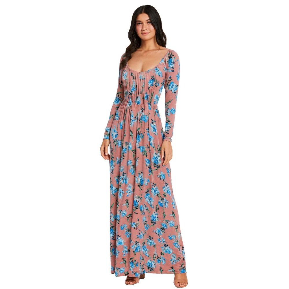 Lac Bleu Maxi Dress Small Peach Blue Floral BOHO Cottagecore Slit Front Casual‎